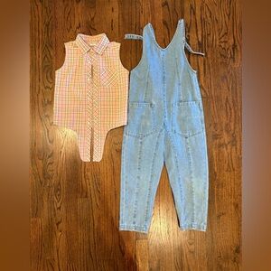 Girls Denim Overall Jumpsuit size medium 7/8 Sleeveless V Neck Adjustable Straps